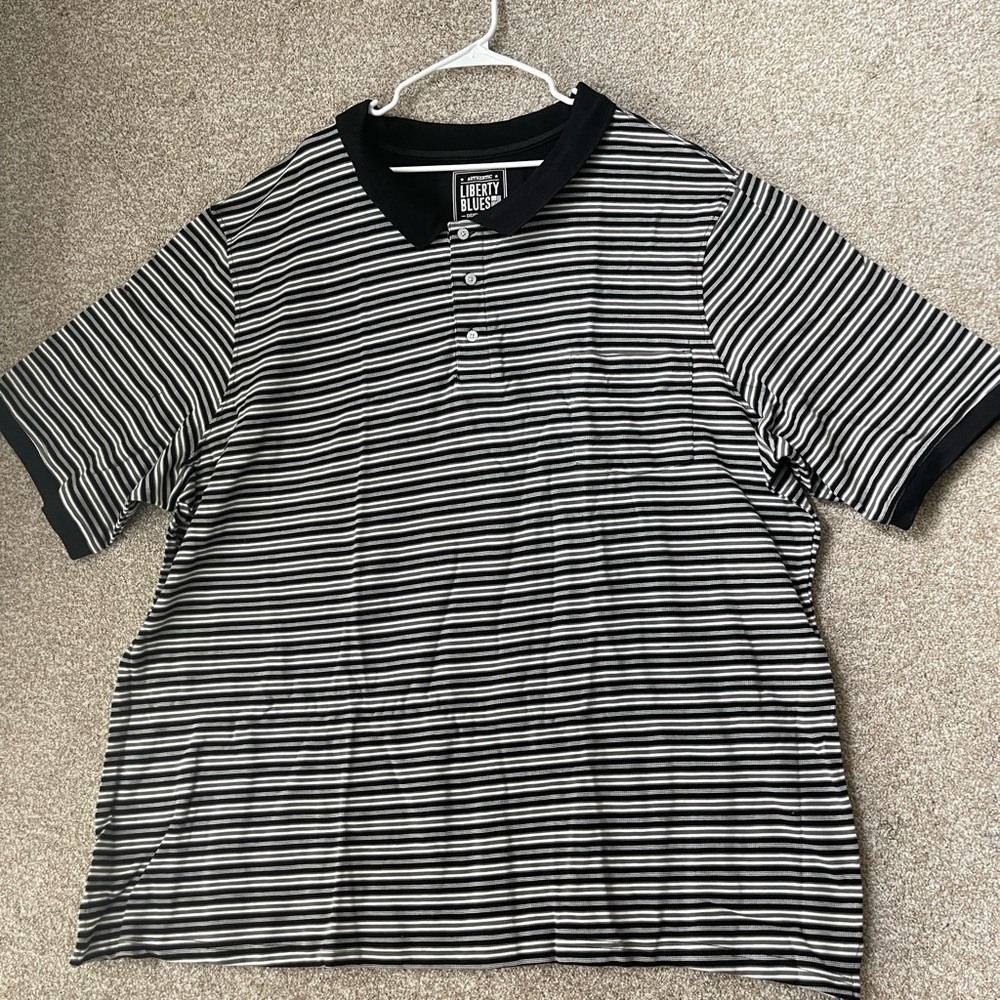 Liberty Blues Mens Size 5XL Tall Black Gray Striped Short Sleeve Polo Shirt